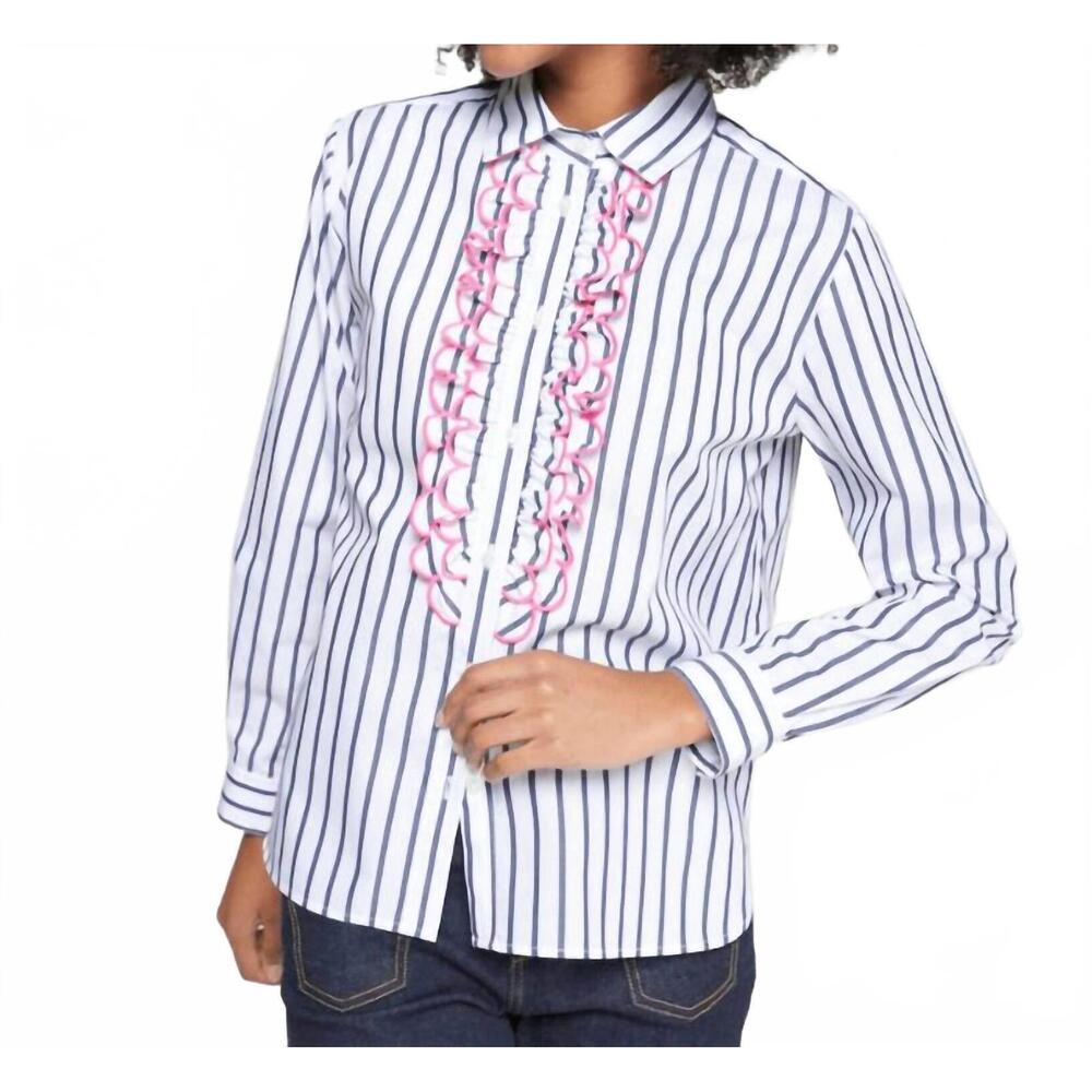 Vilagallo White Navy Striped Button-Down Shirt with Pink Ruffle Trim